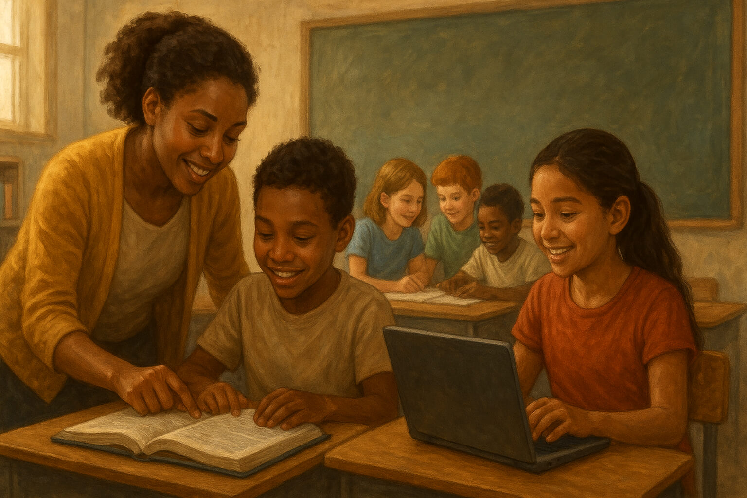 Underprivileged students receiving support in a classroom through mentorship, donated resources, and inclusive education.