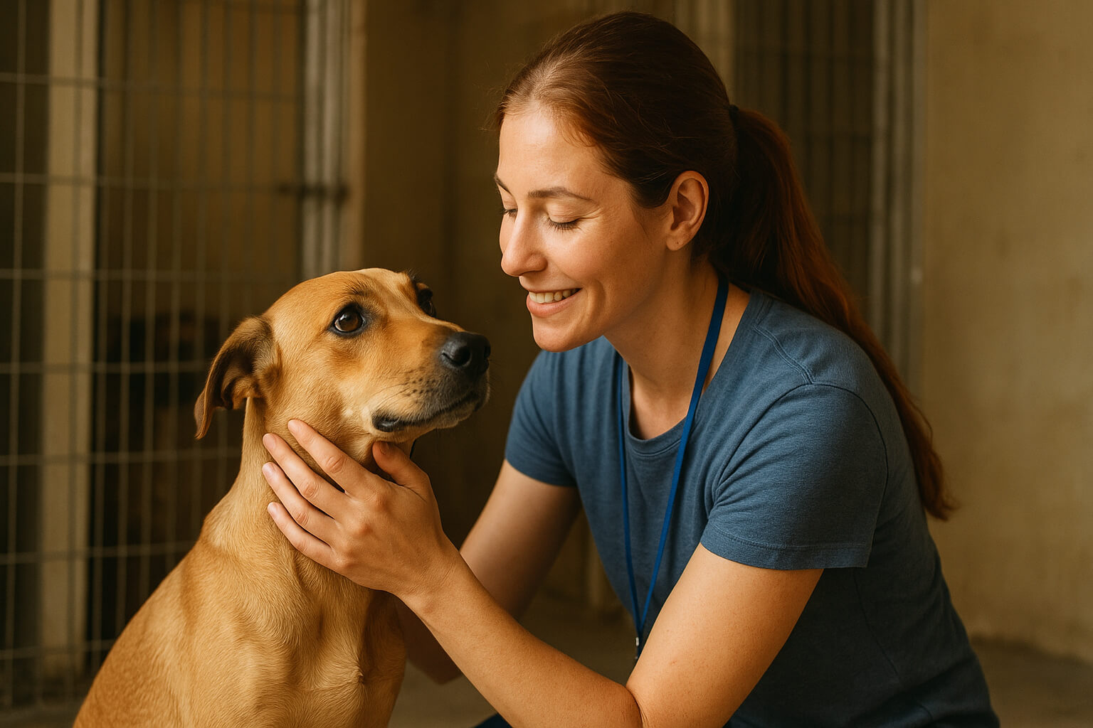 Shelter volunteer comforting a rescued dog after being saved from cruelty.