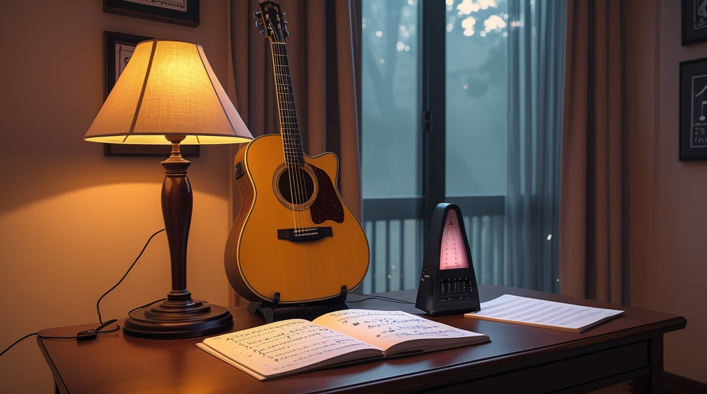 Organized guitar practice area with guitar, notebook, and metronome.