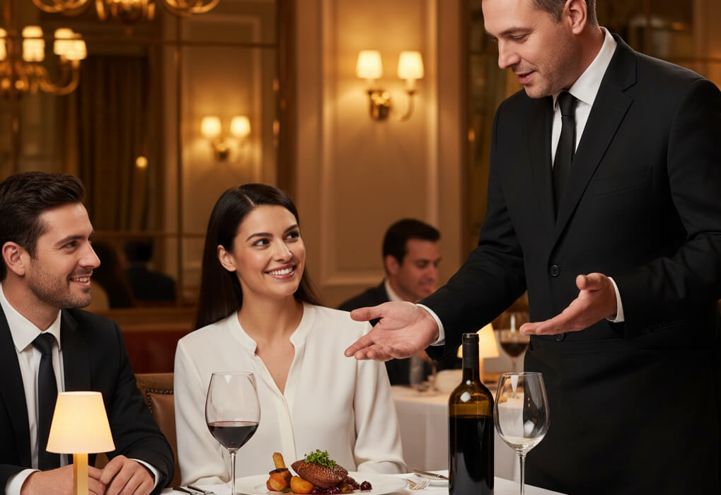 Gourmet dish paired with red and white wine in an upscale restaurant, with a sommelier recommending the perfect pairing.