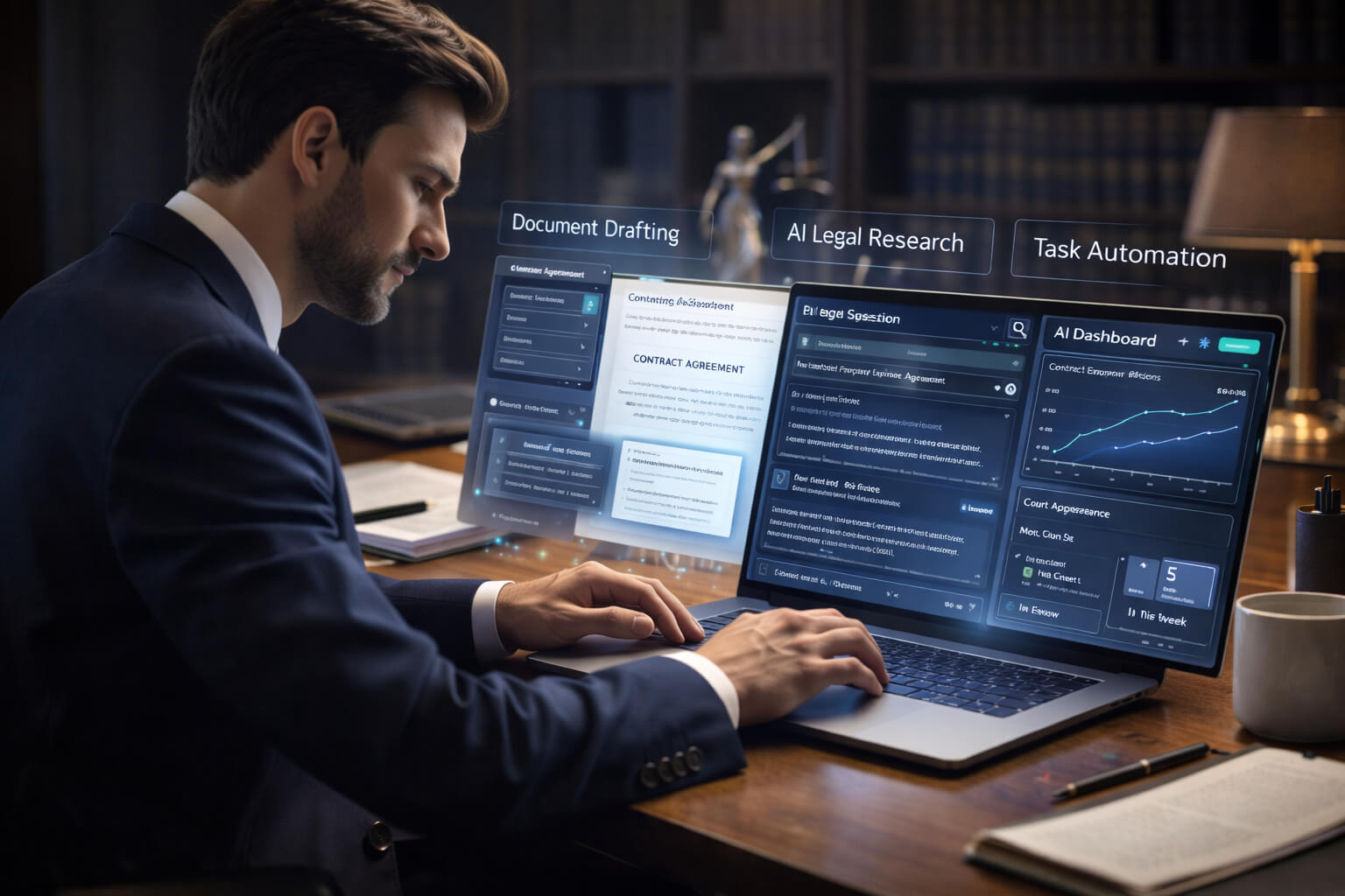 Lawyer using free AI tools for legal research and document automation