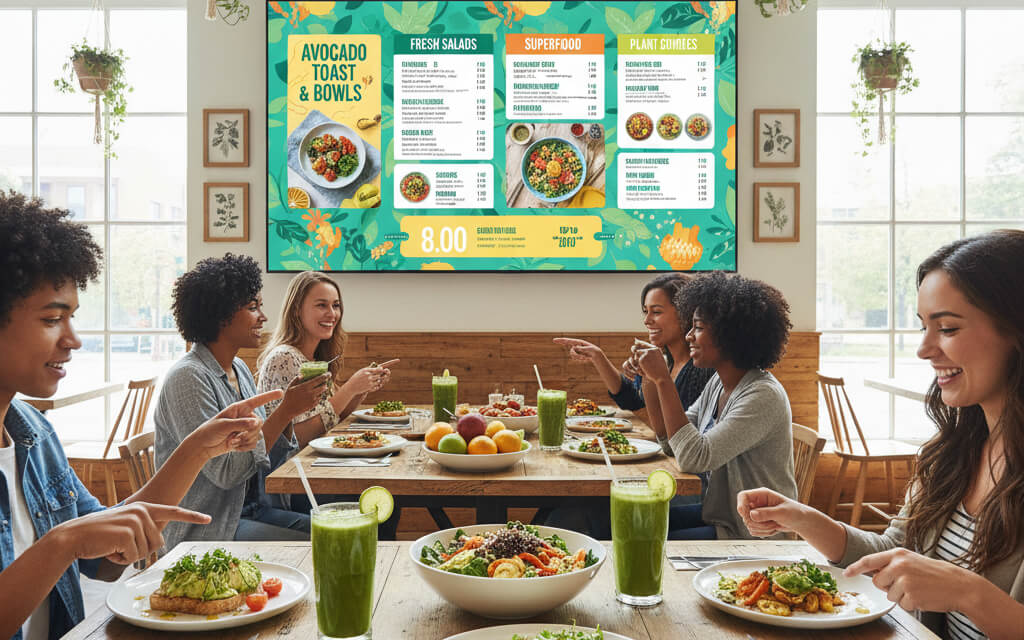 Restaurant showcasing a digital menu with colorful plant-based dishes and fresh vegan meals.