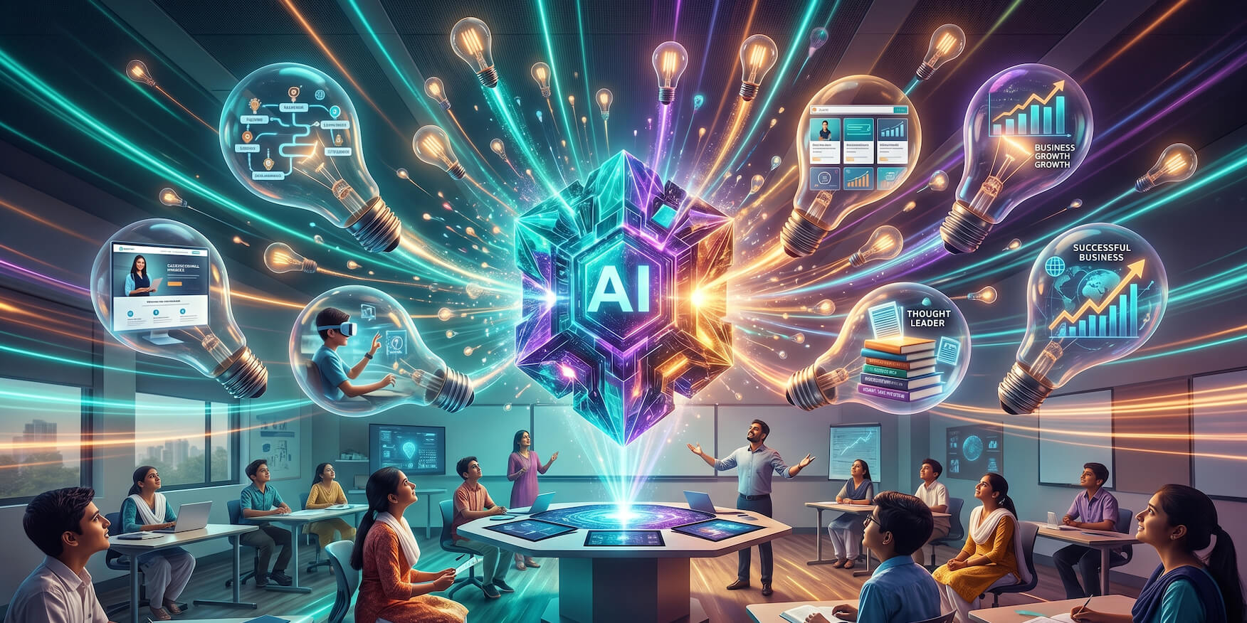 A burst of AI-powered creative ideas illuminating a modern educator's teaching practice and career in 2026
