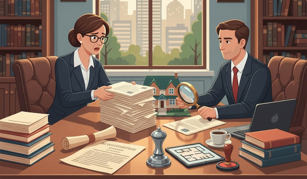 Lawyer reviewing fraudulent legal documents reported by a client to prevent identity theft and property fraud.