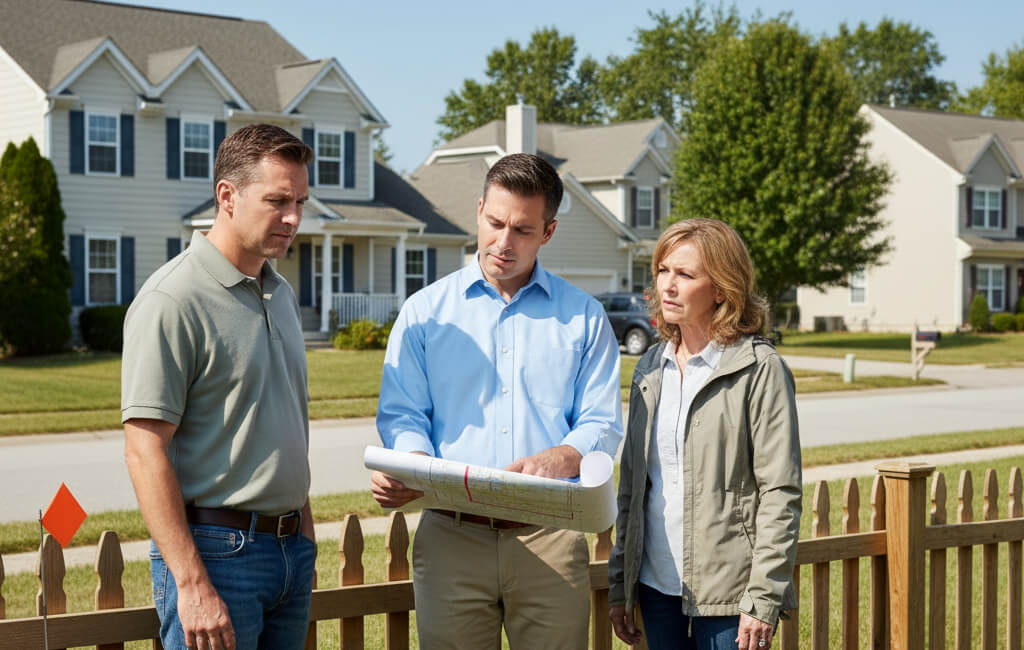 Neighbors and a mediator reviewing property survey documents beside a fence during a property line dispute.