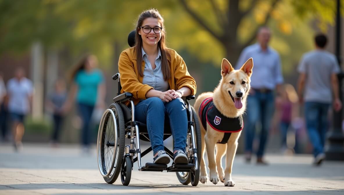 Service dog assisting a person in a wheelchair in a public space, showing the importance of service animals in society.