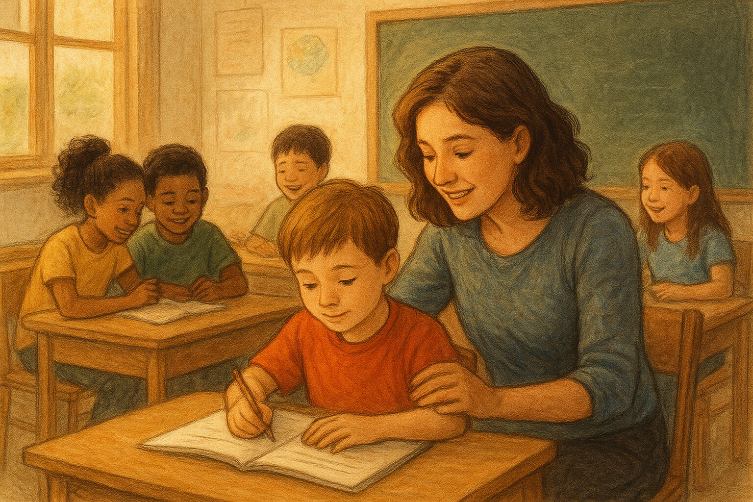 Teacher helping a young student with learning materials in a supportive classroom environment.