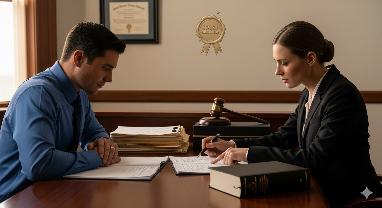 Person consulting a criminal defense lawyer about expungement, reviewing legal paperwork in a courthouse office.
