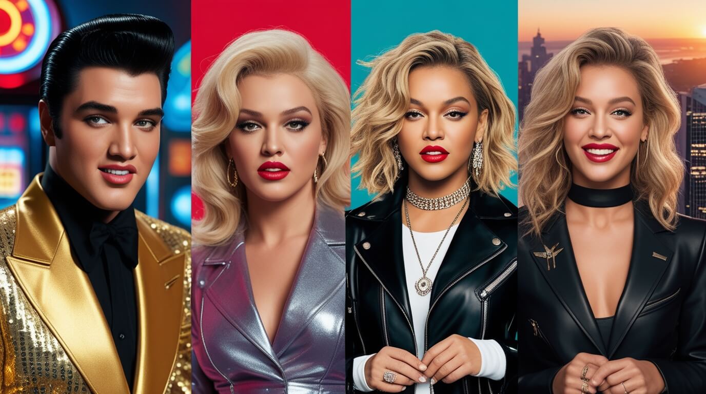 Collage of pop music icons from the 1950s to 2020s representing different eras.