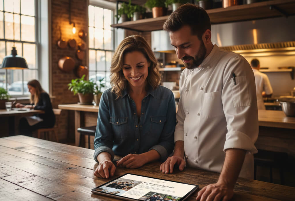 Restaurant owner and chef standing in a warm dining space while reviewing their About Us page on a laptop, showcasing storytelling that builds trust and drives online bookings.