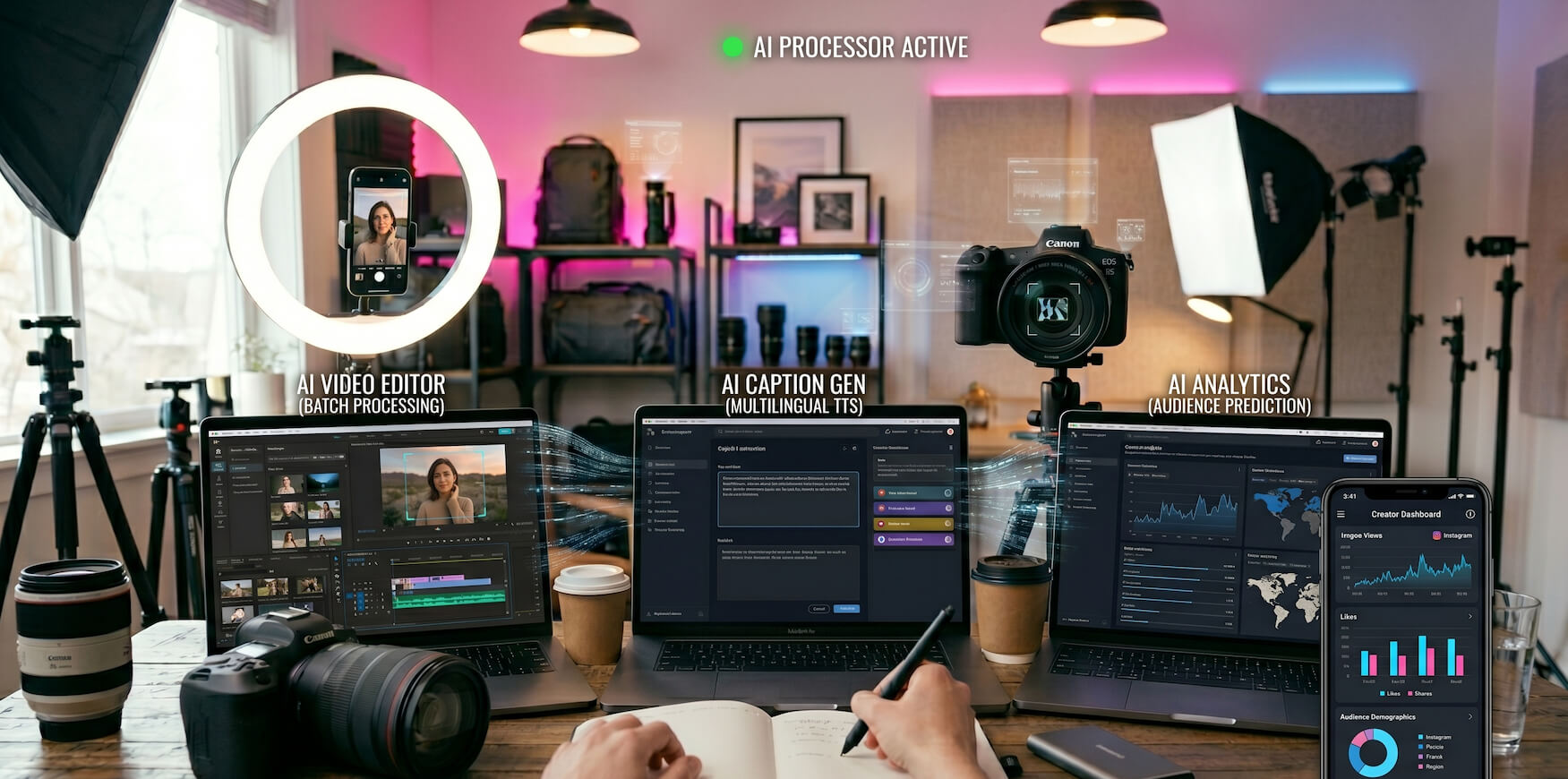 Influencer creating and managing content using free AI tools in a modern workspace