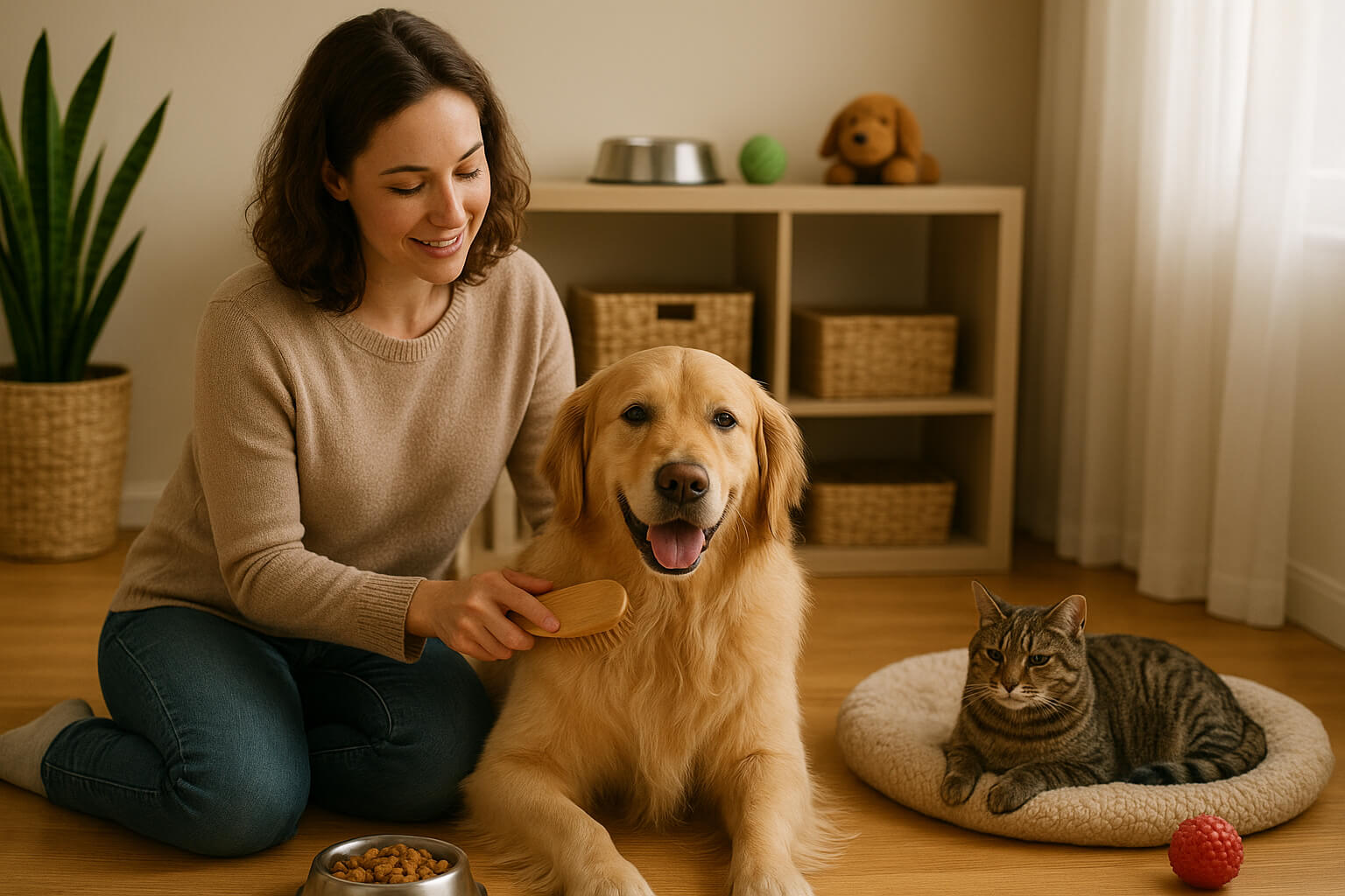 Responsible pet owner brushing dog while cat relaxes nearby, symbolizing ethical pet ownership and proper pet care.