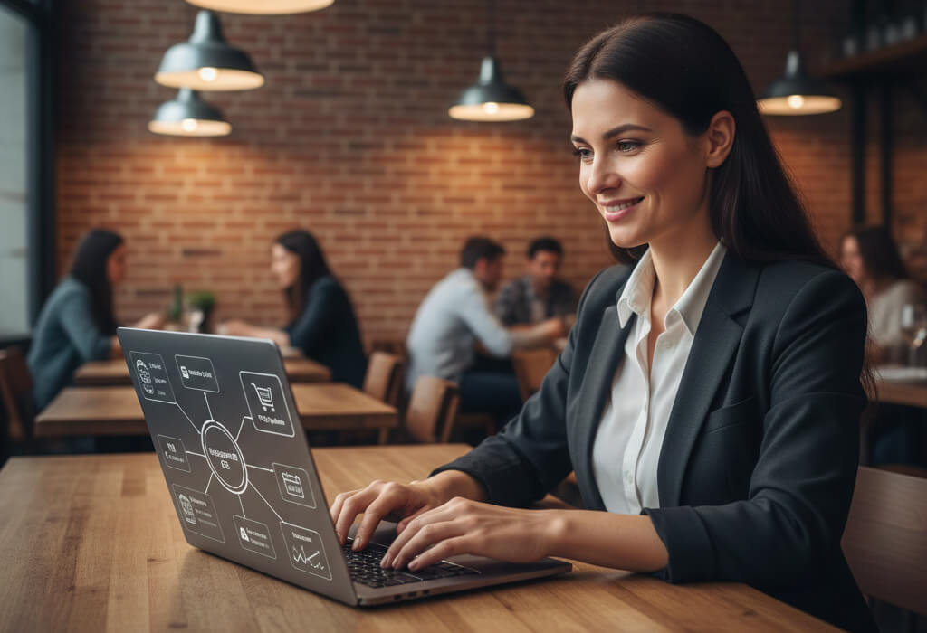 Restaurant owner managing a modern restaurant tech stack including website, POS, online ordering, and digital menus.