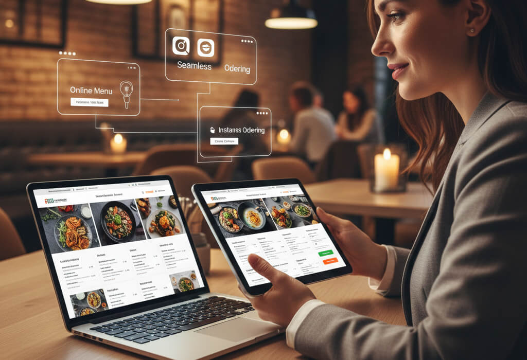 Modern restaurant website displayed on tablet and laptop showing online menu, reservations, and ordering features that diners expect.