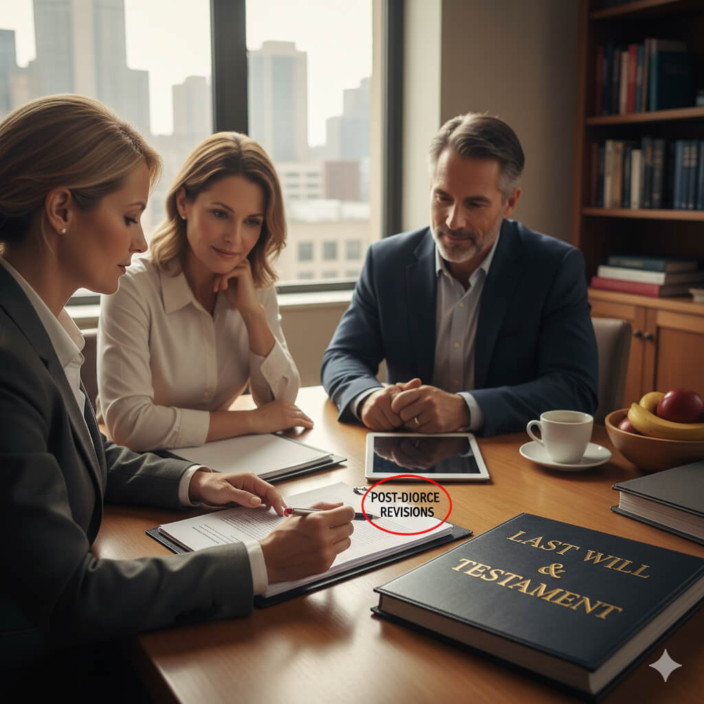 Estate planning attorney guiding a couple through updating their estate plan after a significant life event.
