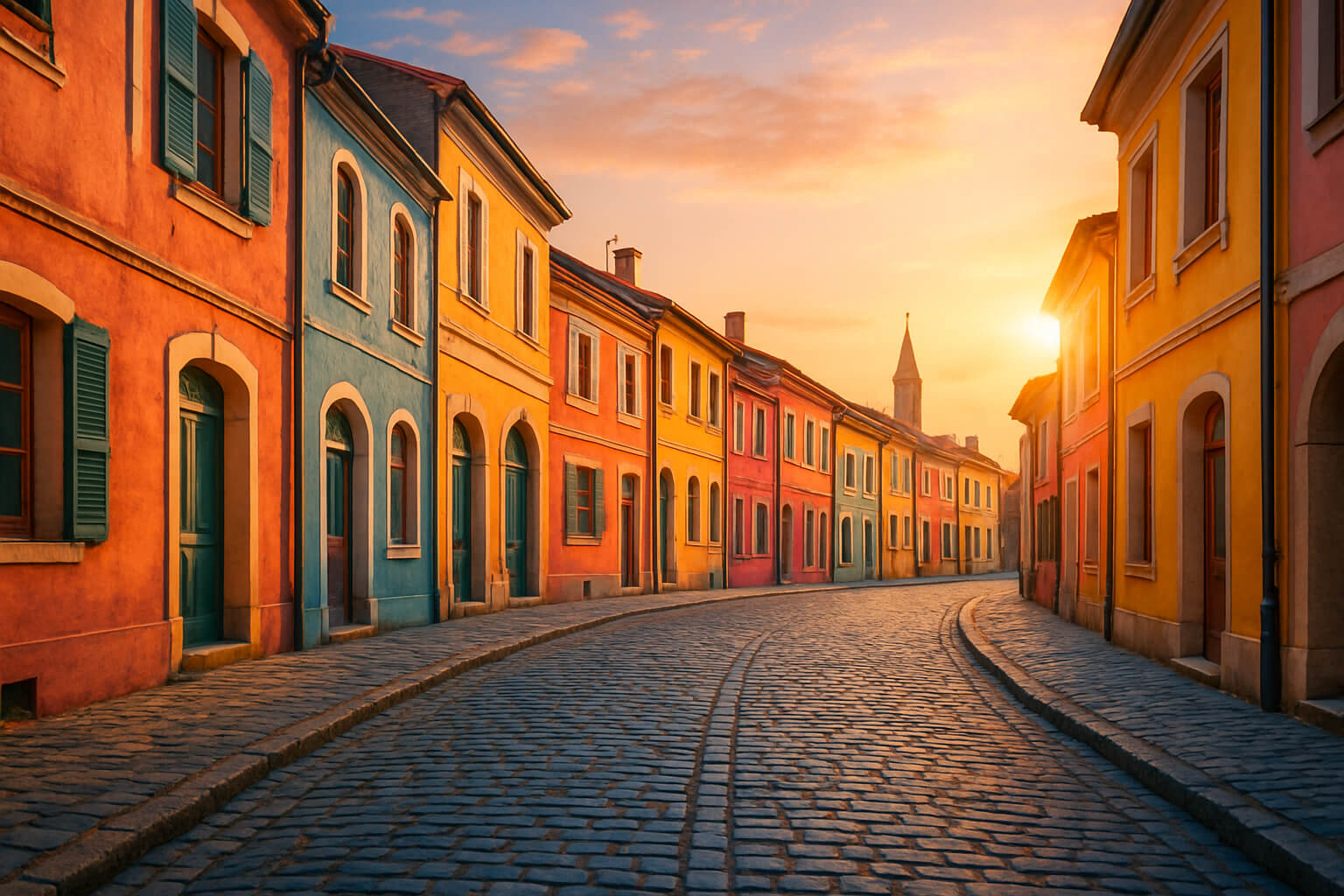 Edited travel photo of colorful European street at sunrise.