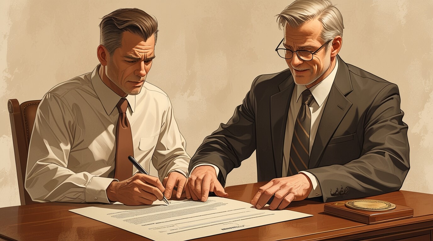 Person signing a health care proxy form with an attorney, symbolizing medical decision planning.