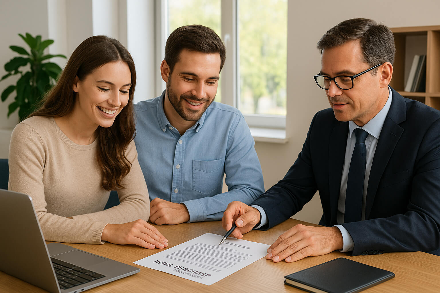 Couple consulting with a real estate lawyer while buying a home.