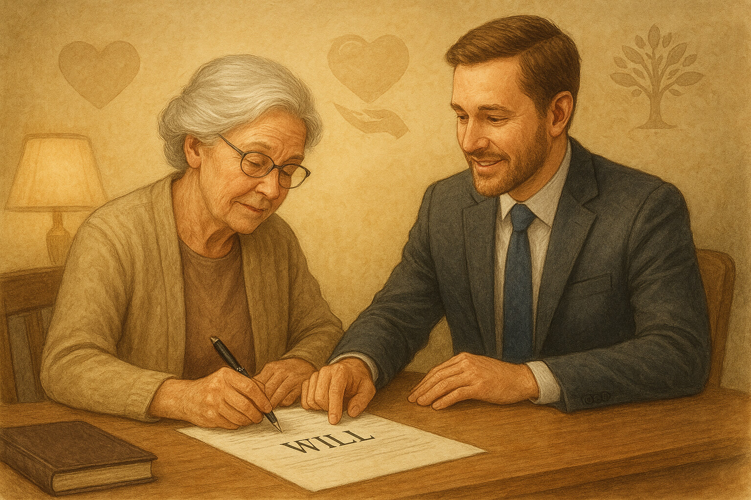 An elderly person signing a will with a lawyer beside them, with charity symbols like a heart and helping hands in the background.