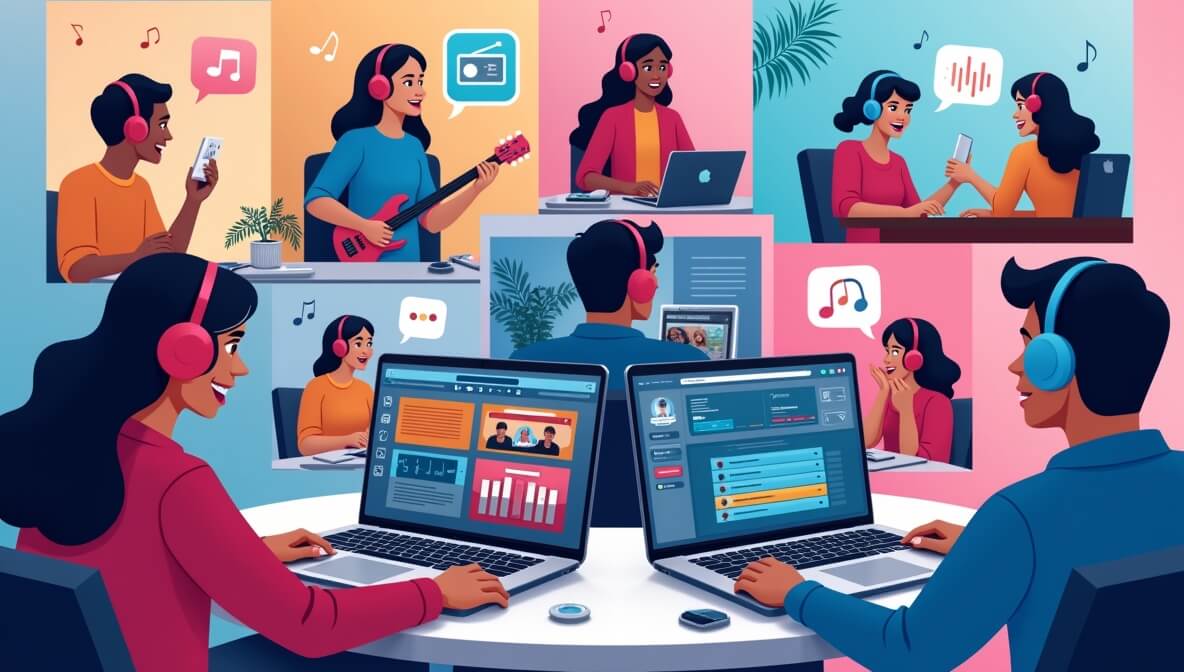 Musicians and producers collaborating online in virtual communities